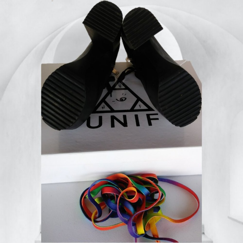 UNIF 7 BLACK LEATHER HELLHOUND PLATFORM BOOTS goth club dance Halloween U.N.I.F. - Picture 10 of 16